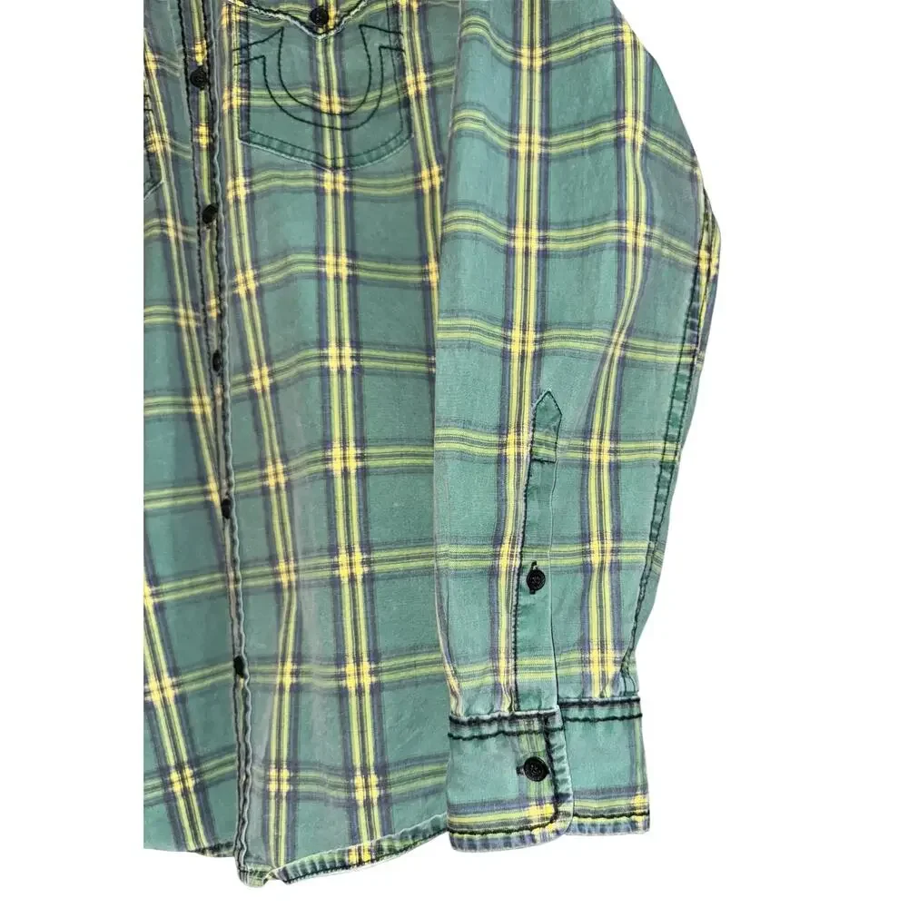 True Religion Plaid Green Button Up Shirt Medium Streetwear Distressed Western